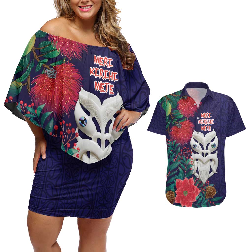 Maori Wheku Meri Kirihimete Personalised Couples Matching Off Shoulder Short Dress and Hawaiian Shirt All Blue Indigenous Maori Motif LT9 Blue - Polynesian Pride