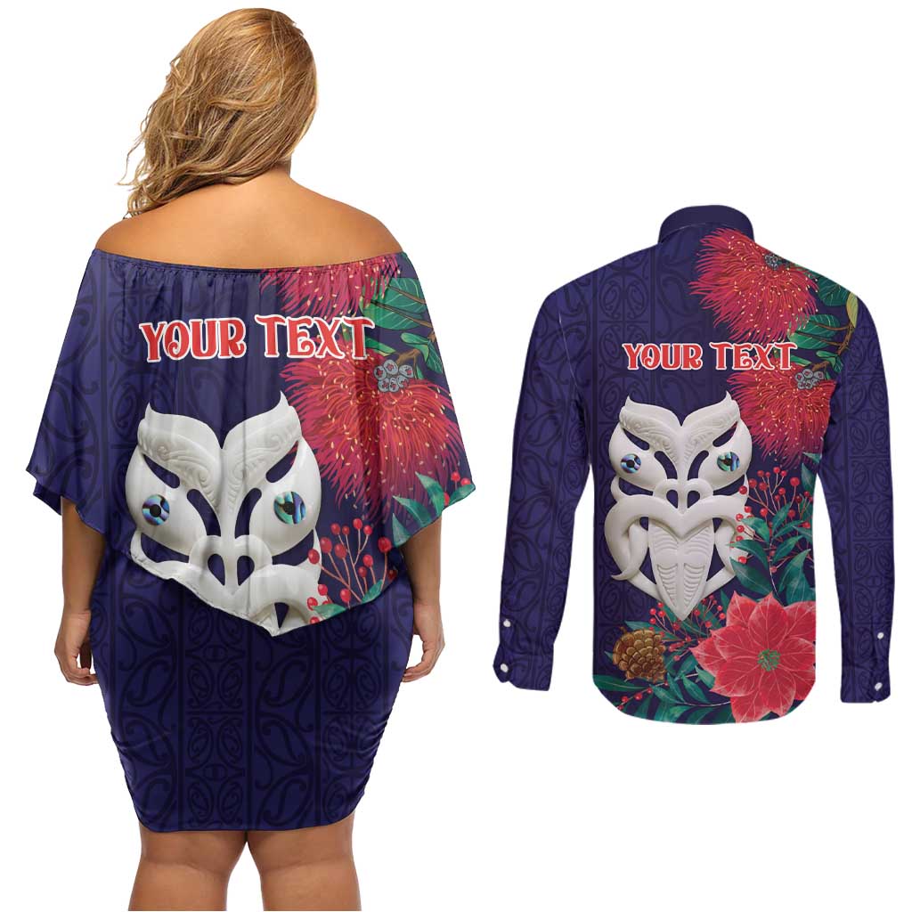 Maori Wheku Meri Kirihimete Personalised Couples Matching Off Shoulder Short Dress and Long Sleeve Button Shirt All Blue Indigenous Maori Motif LT9 - Polynesian Pride