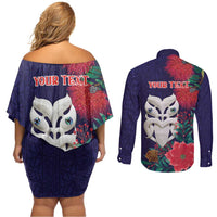 Maori Wheku Meri Kirihimete Personalised Couples Matching Off Shoulder Short Dress and Long Sleeve Button Shirt All Blue Indigenous Maori Motif LT9 - Polynesian Pride