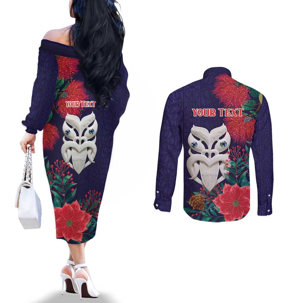 Maori Wheku Meri Kirihimete Personalised Couples Matching Off The Shoulder Long Sleeve Dress and Long Sleeve Button Shirt All Blue Indigenous Maori Motif LT9 - Polynesian Pride