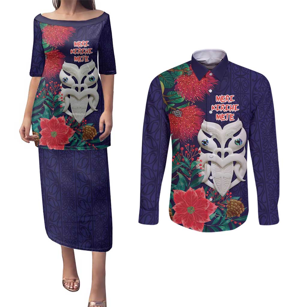 Maori Wheku Meri Kirihimete Personalised Couples Matching Puletasi and Long Sleeve Button Shirt All Blue Indigenous Maori Motif LT9 Blue - Polynesian Pride