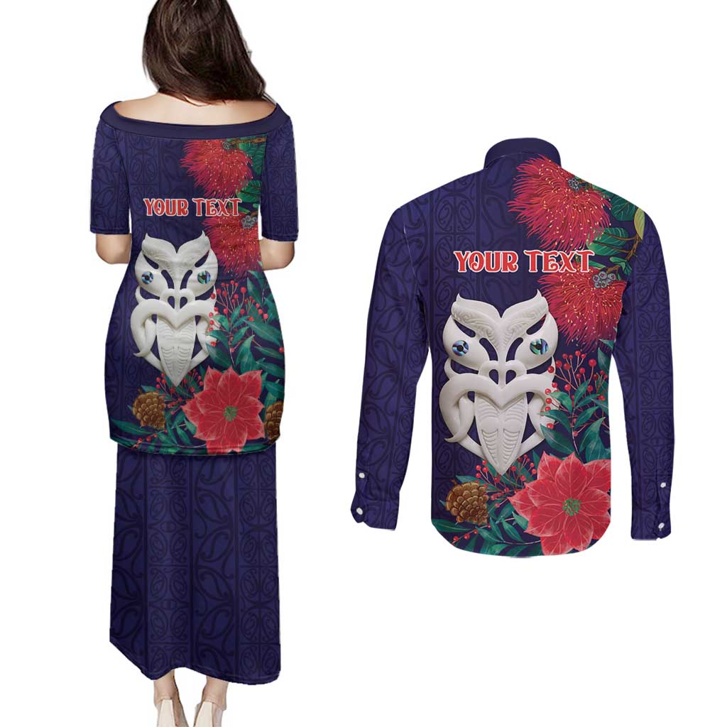 Maori Wheku Meri Kirihimete Personalised Couples Matching Puletasi and Long Sleeve Button Shirt All Blue Indigenous Maori Motif LT9 - Polynesian Pride