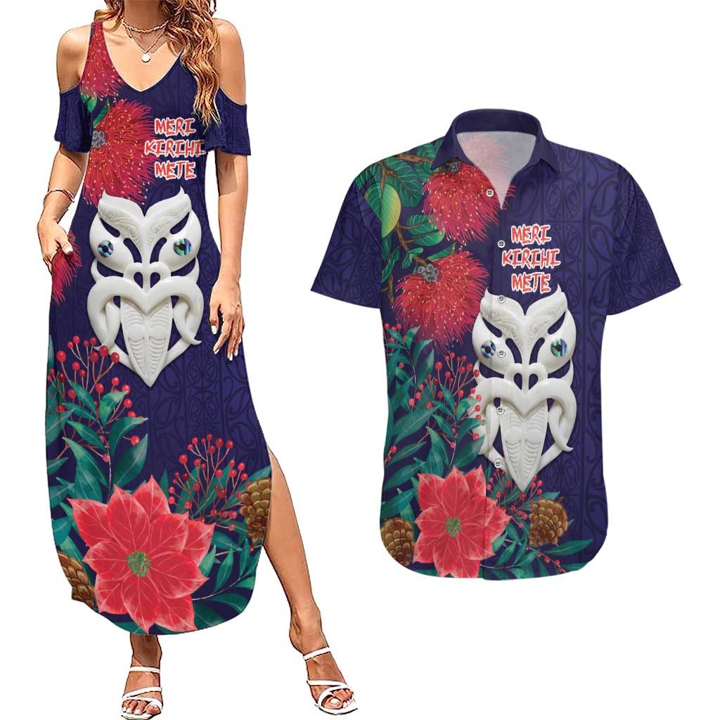 Maori Wheku Meri Kirihimete Personalised Couples Matching Summer Maxi Dress and Hawaiian Shirt All Blue Indigenous Maori Motif LT9 Blue - Polynesian Pride