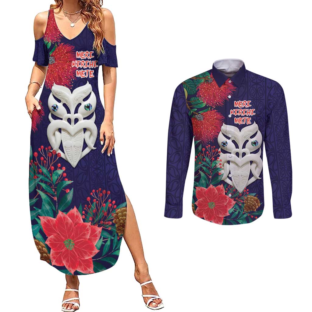Maori Wheku Meri Kirihimete Personalised Couples Matching Summer Maxi Dress and Long Sleeve Button Shirt All Blue Indigenous Maori Motif LT9 Blue - Polynesian Pride