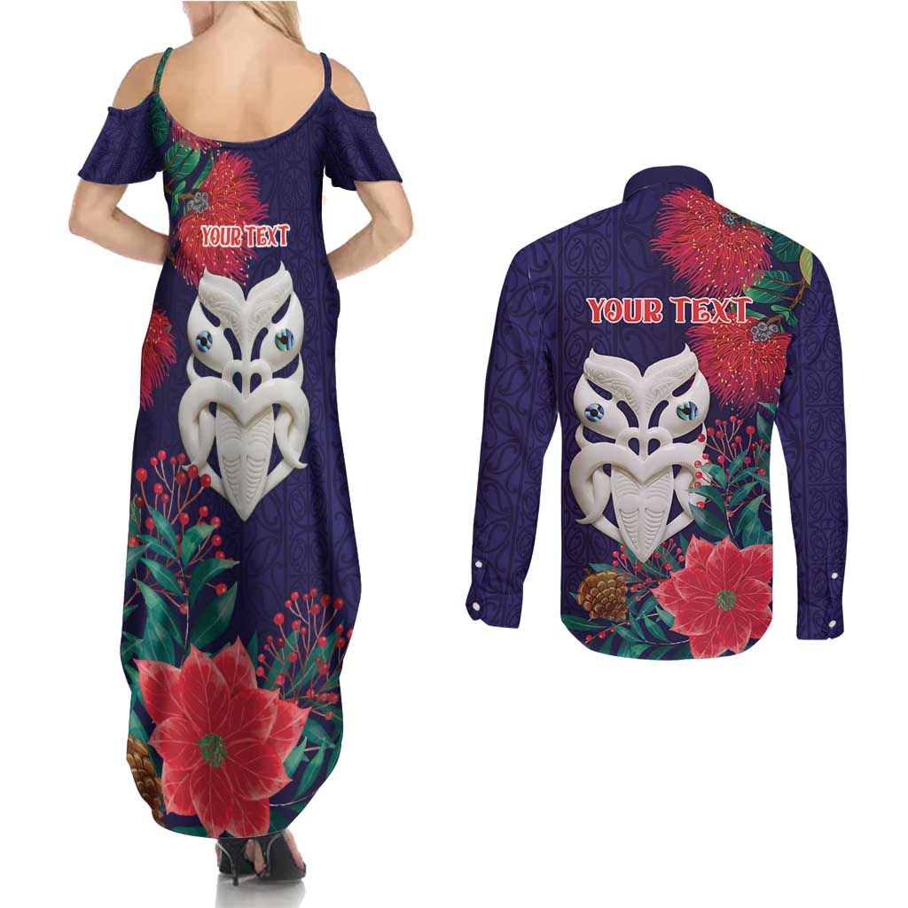 Maori Wheku Meri Kirihimete Personalised Couples Matching Summer Maxi Dress and Long Sleeve Button Shirt All Blue Indigenous Maori Motif LT9 - Polynesian Pride