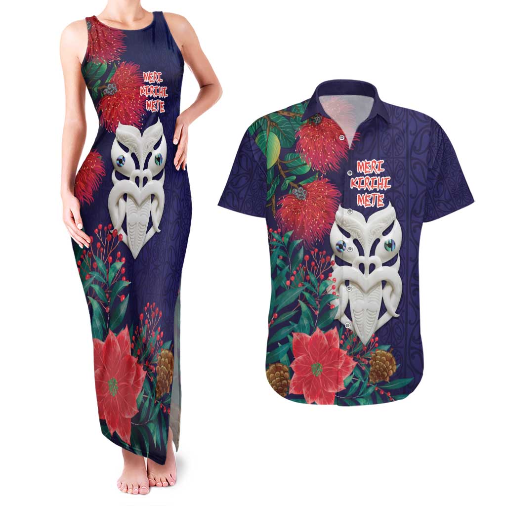 Maori Wheku Meri Kirihimete Personalised Couples Matching Tank Maxi Dress and Hawaiian Shirt All Blue Indigenous Maori Motif LT9 Blue - Polynesian Pride