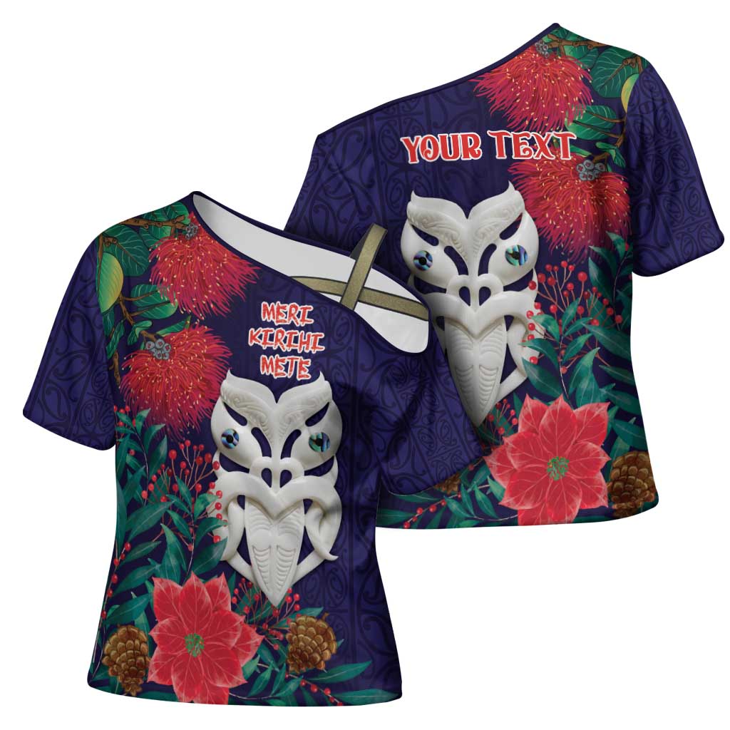 Maori Wheku Meri Kirihimete Personalised Cross Shoulder Shirt All Blue Indigenous Maori Motif LT9 - Polynesian Pride