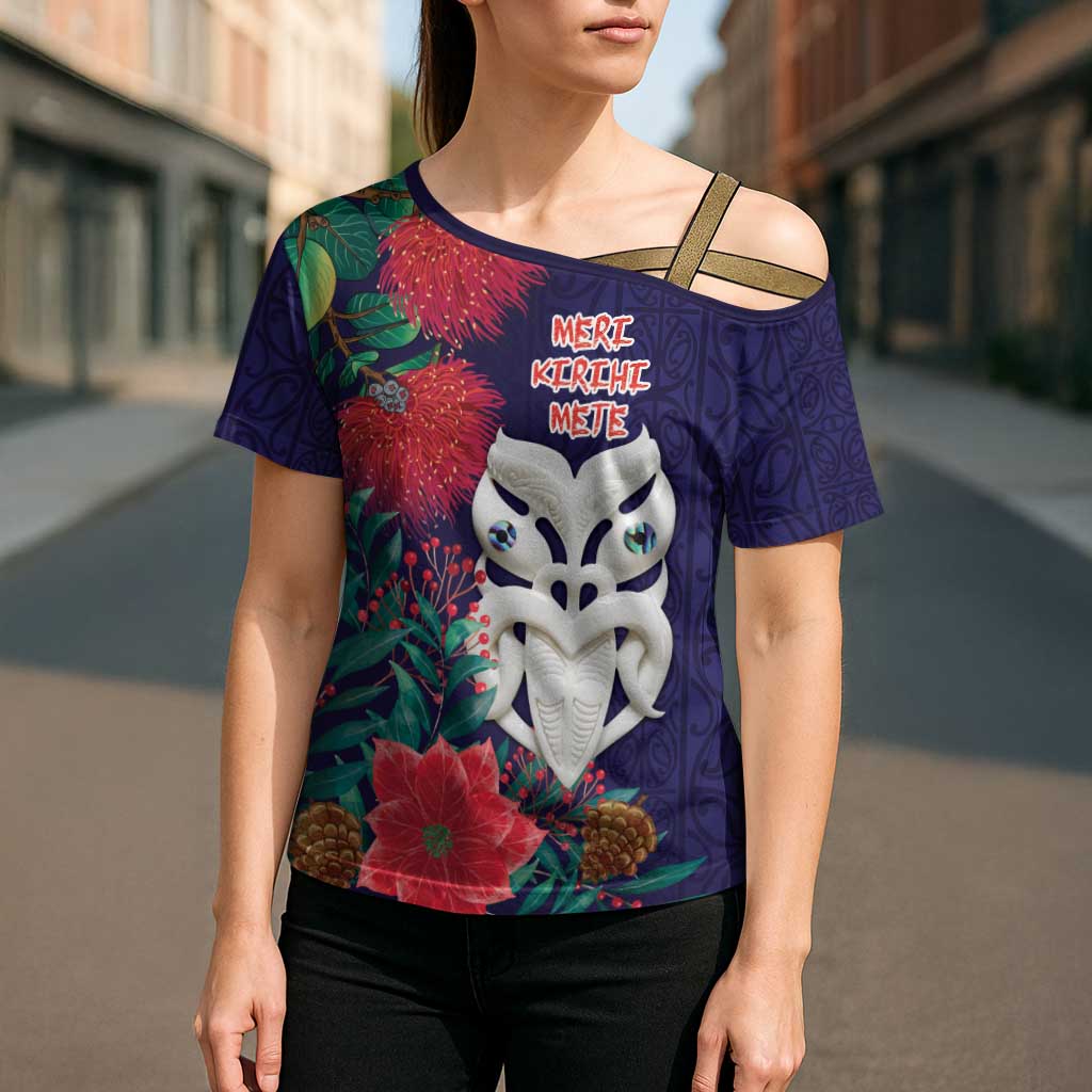 Maori Wheku Meri Kirihimete Personalised Cross Shoulder Shirt All Blue Indigenous Maori Motif LT9 - Polynesian Pride