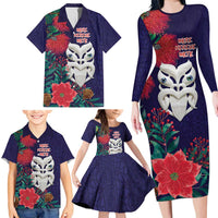 Maori Wheku Meri Kirihimete Personalised Family Matching Long Sleeve Bodycon Dress and Hawaiian Shirt All Blue Indigenous Maori Motif LT9 - Polynesian Pride