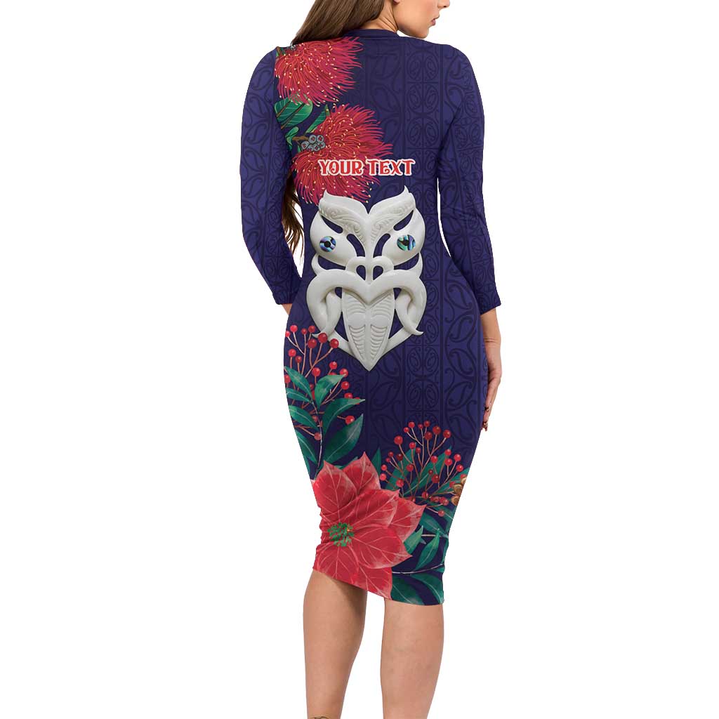 Maori Wheku Meri Kirihimete Personalised Family Matching Long Sleeve Bodycon Dress and Hawaiian Shirt All Blue Indigenous Maori Motif LT9 - Polynesian Pride