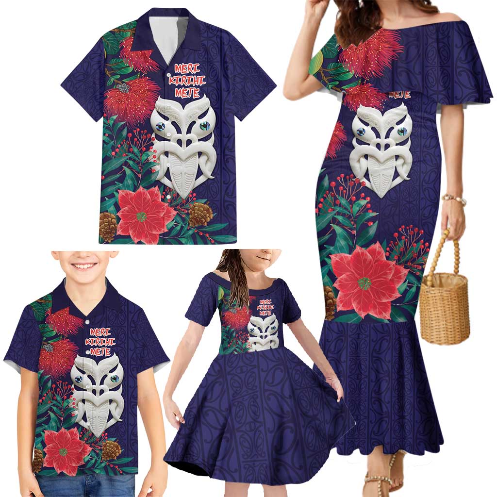 Maori Wheku Meri Kirihimete Personalised Family Matching Mermaid Dress and Hawaiian Shirt All Blue Indigenous Maori Motif LT9 - Polynesian Pride