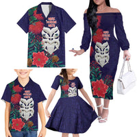 Maori Wheku Meri Kirihimete Personalised Family Matching Off The Shoulder Long Sleeve Dress and Hawaiian Shirt All Blue Indigenous Maori Motif LT9 - Polynesian Pride