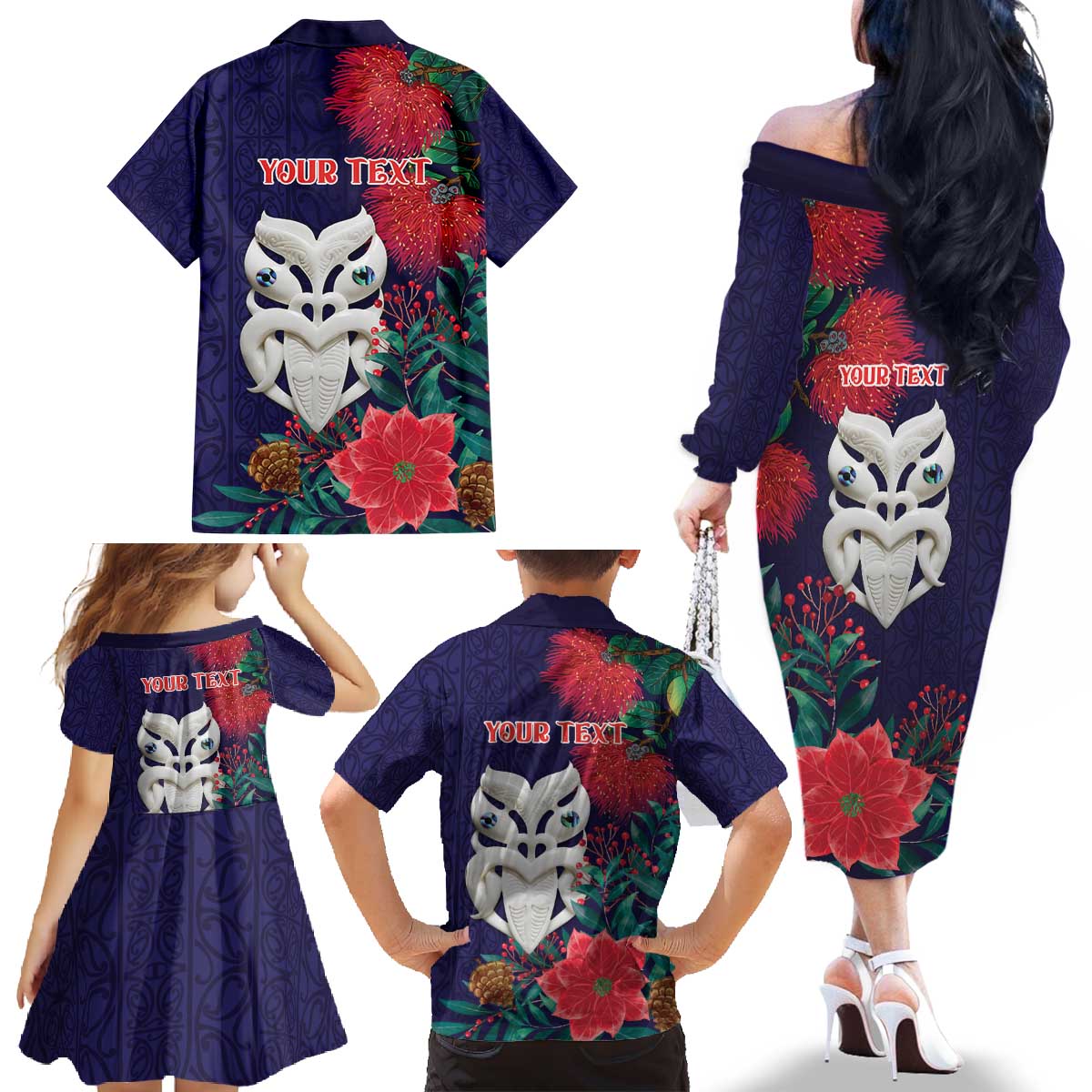 Maori Wheku Meri Kirihimete Personalised Family Matching Off The Shoulder Long Sleeve Dress and Hawaiian Shirt All Blue Indigenous Maori Motif LT9 - Polynesian Pride