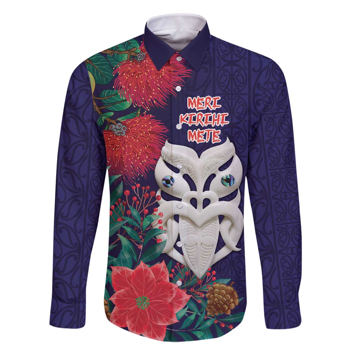 Maori Wheku Meri Kirihimete Personalised Family Matching Off The Shoulder Long Sleeve Dress and Hawaiian Shirt All Blue Indigenous Maori Motif LT9 Dad's Shirt - Long Sleeve Blue - Polynesian Pride