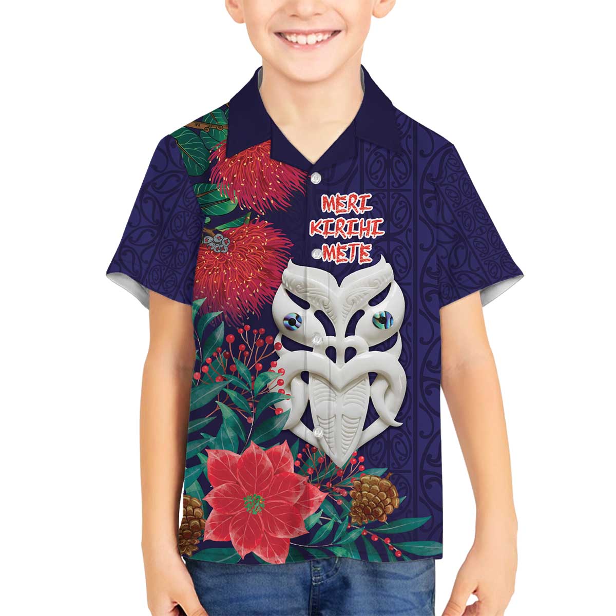 Maori Wheku Meri Kirihimete Personalised Family Matching Off The Shoulder Long Sleeve Dress and Hawaiian Shirt All Blue Indigenous Maori Motif LT9 Son's Shirt Blue - Polynesian Pride