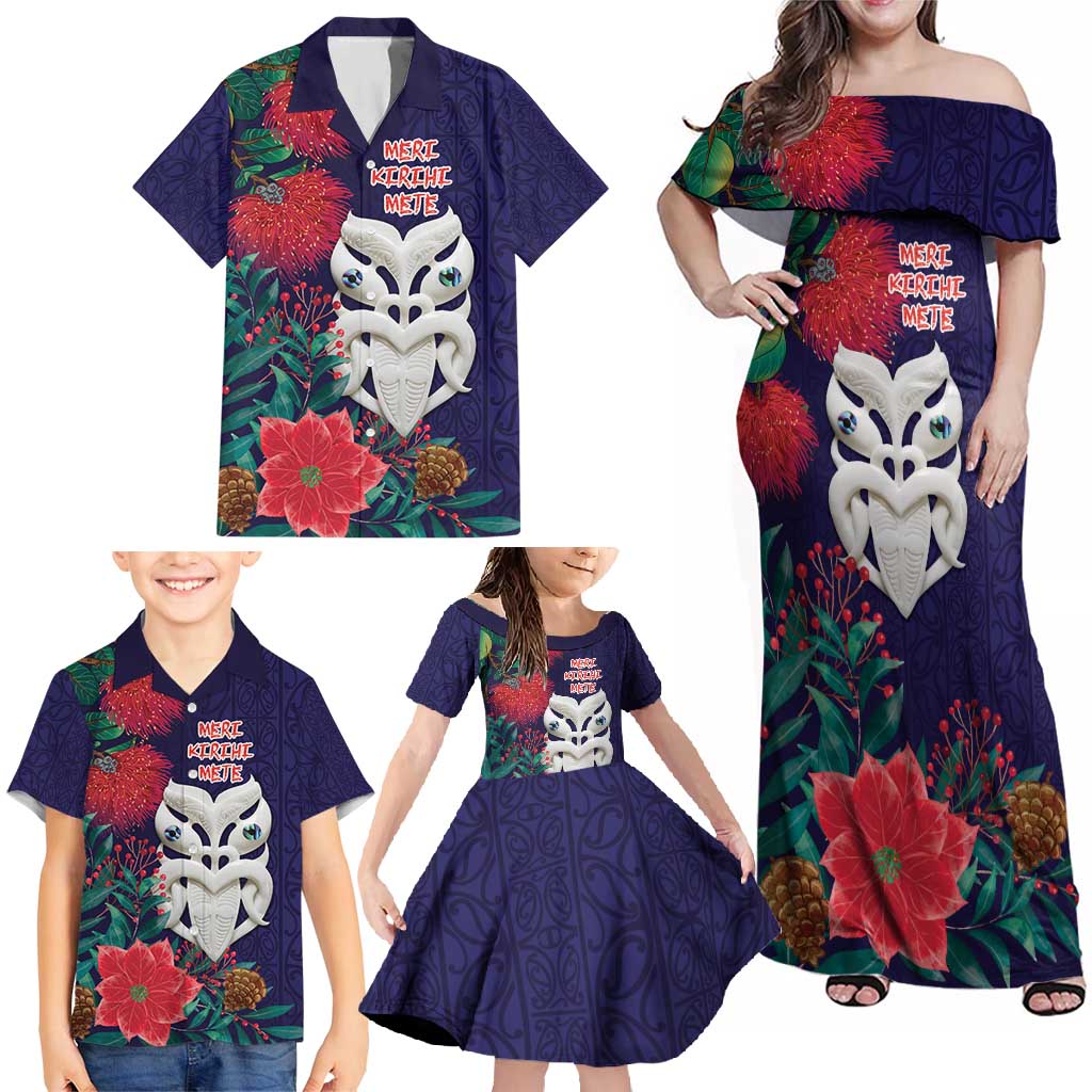 Maori Wheku Meri Kirihimete Personalised Family Matching Off Shoulder Maxi Dress and Hawaiian Shirt All Blue Indigenous Maori Motif LT9 - Polynesian Pride