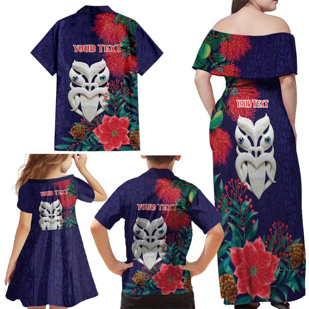 Maori Wheku Meri Kirihimete Personalised Family Matching Off Shoulder Maxi Dress and Hawaiian Shirt All Blue Indigenous Maori Motif LT9 - Polynesian Pride