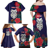 Maori Wheku Meri Kirihimete Personalised Family Matching Off Shoulder Maxi Dress and Hawaiian Shirt All Blue Indigenous Maori Motif LT9 - Polynesian Pride