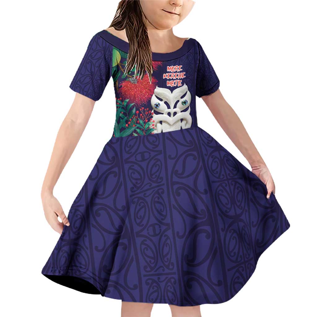 Maori Wheku Meri Kirihimete Personalised Family Matching Off Shoulder Short Dress and Hawaiian Shirt All Blue Indigenous Maori Motif LT9 Daughter's Dress Blue - Polynesian Pride
