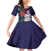Maori Wheku Meri Kirihimete Personalised Family Matching Off Shoulder Short Dress and Hawaiian Shirt All Blue Indigenous Maori Motif LT9 Daughter's Dress Blue - Polynesian Pride