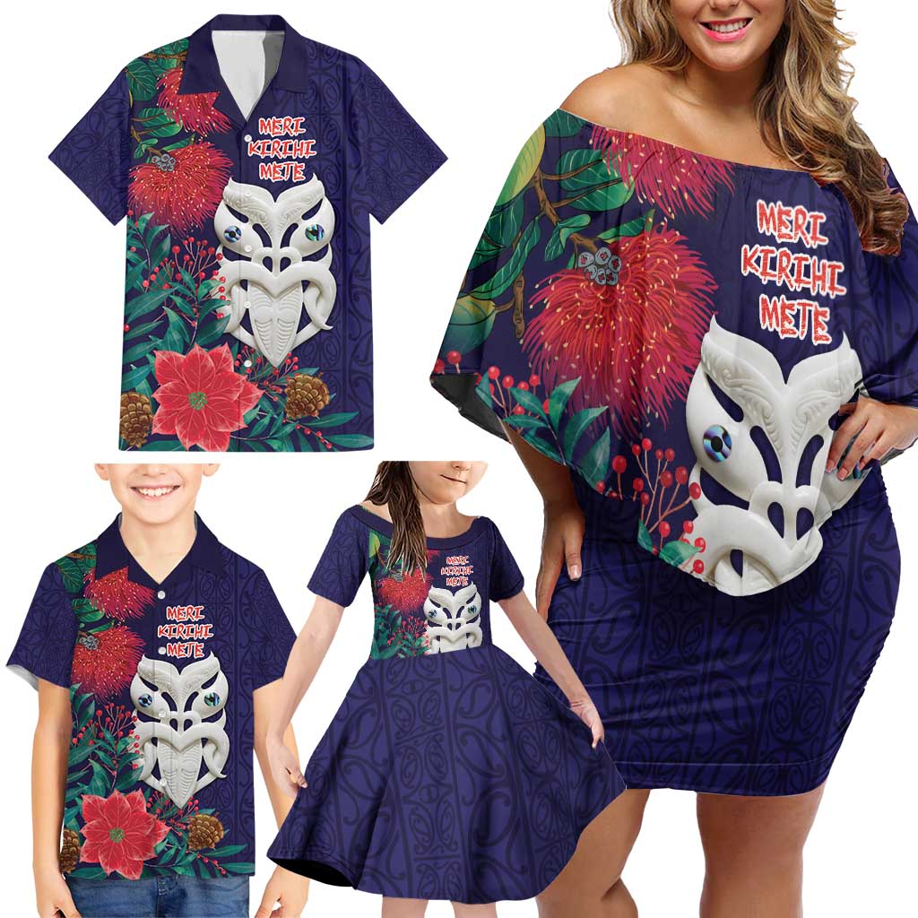 Maori Wheku Meri Kirihimete Personalised Family Matching Off Shoulder Short Dress and Hawaiian Shirt All Blue Indigenous Maori Motif LT9 - Polynesian Pride