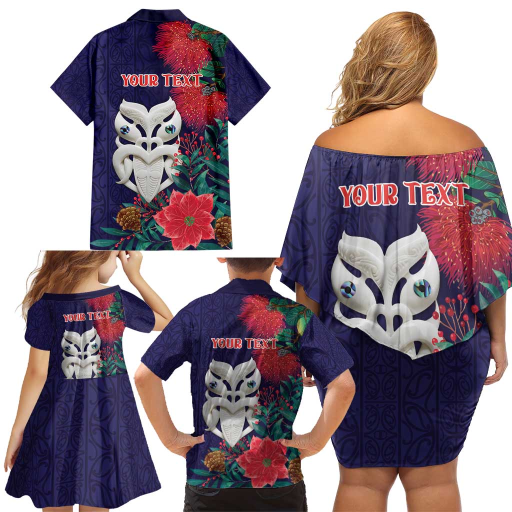 Maori Wheku Meri Kirihimete Personalised Family Matching Off Shoulder Short Dress and Hawaiian Shirt All Blue Indigenous Maori Motif LT9 - Polynesian Pride