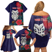Maori Wheku Meri Kirihimete Personalised Family Matching Off Shoulder Short Dress and Hawaiian Shirt All Blue Indigenous Maori Motif LT9 - Polynesian Pride