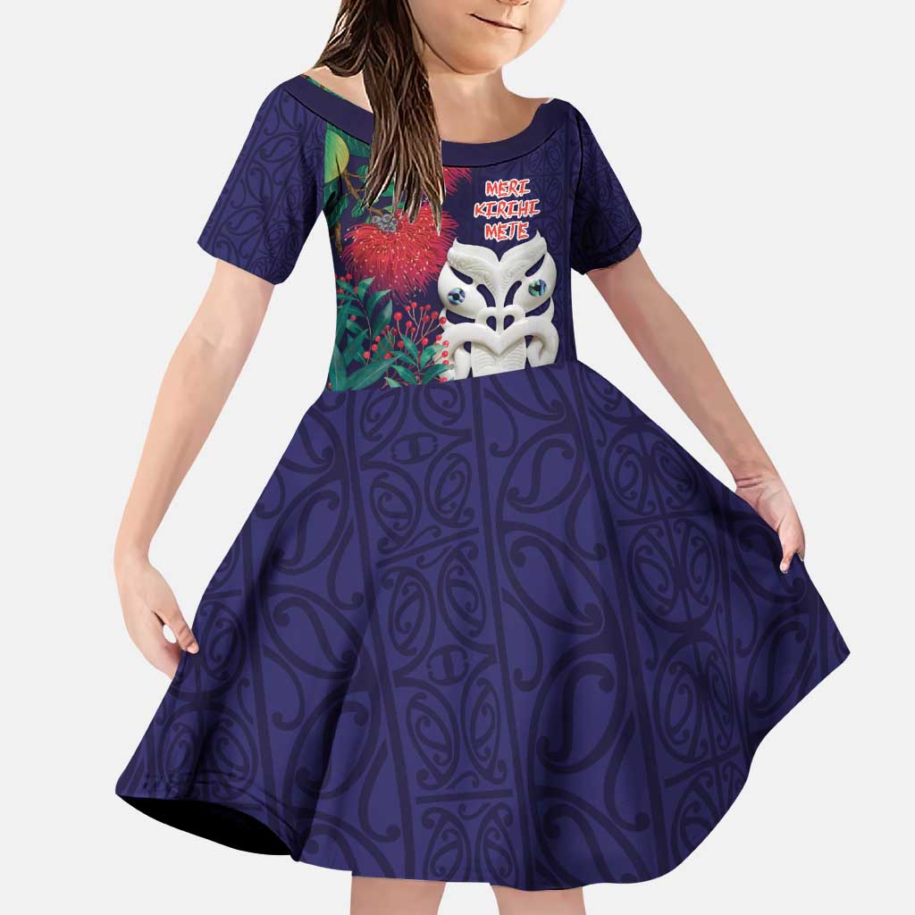 Maori Wheku Meri Kirihimete Personalised Family Matching Puletasi and Hawaiian Shirt All Blue Indigenous Maori Motif LT9 Daughter's Dress Blue - Polynesian Pride