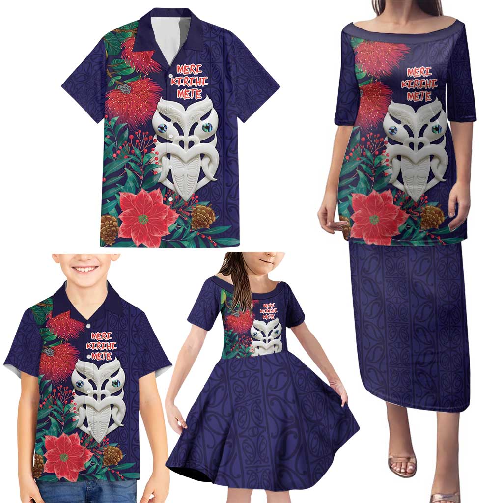 Maori Wheku Meri Kirihimete Personalised Family Matching Puletasi and Hawaiian Shirt All Blue Indigenous Maori Motif LT9 - Polynesian Pride