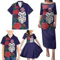 Maori Wheku Meri Kirihimete Personalised Family Matching Puletasi and Hawaiian Shirt All Blue Indigenous Maori Motif LT9 - Polynesian Pride