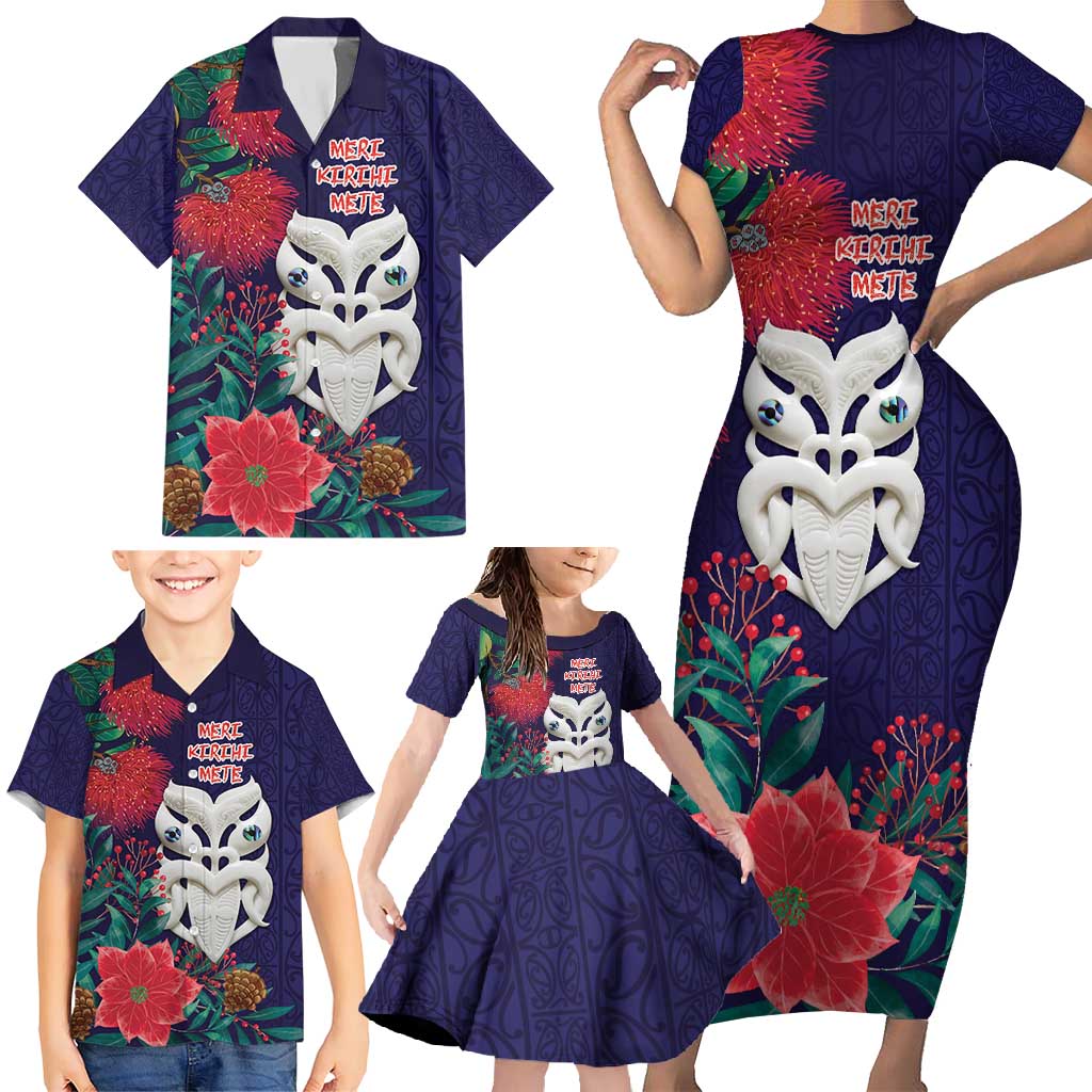 Maori Wheku Meri Kirihimete Personalised Family Matching Short Sleeve Bodycon Dress and Hawaiian Shirt All Blue Indigenous Maori Motif LT9 - Polynesian Pride