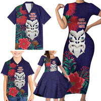 Maori Wheku Meri Kirihimete Personalised Family Matching Short Sleeve Bodycon Dress and Hawaiian Shirt All Blue Indigenous Maori Motif LT9 - Polynesian Pride