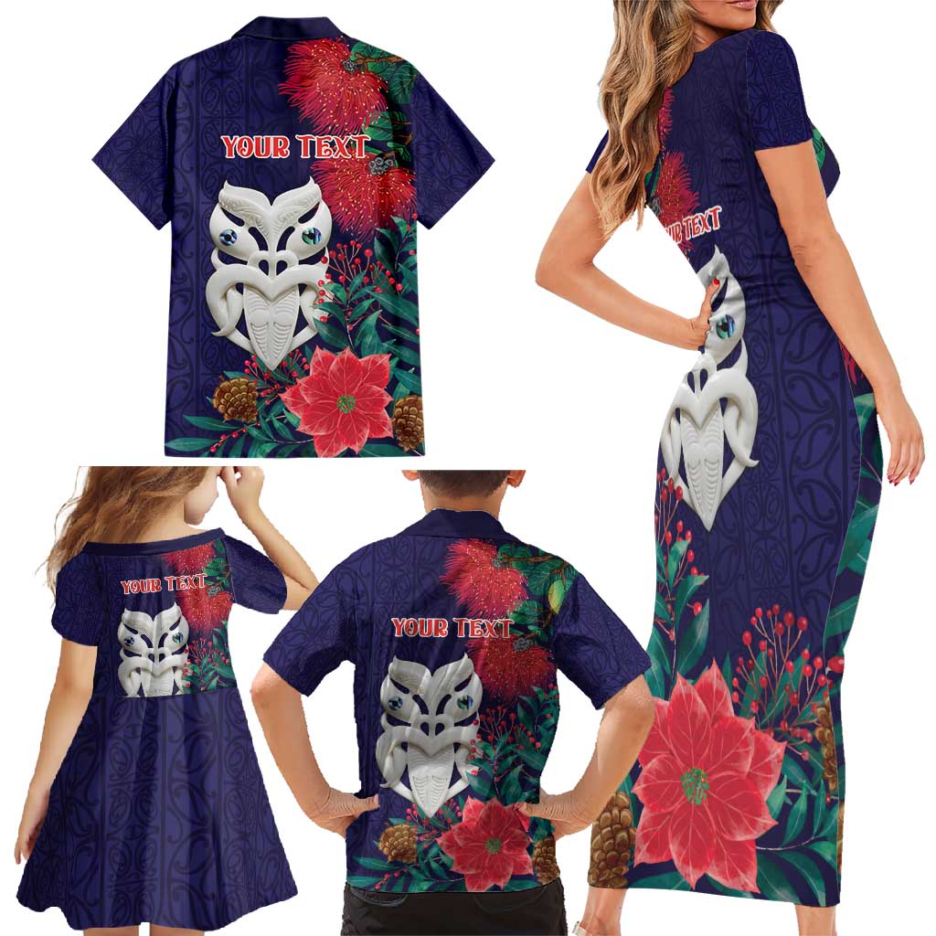 Maori Wheku Meri Kirihimete Personalised Family Matching Short Sleeve Bodycon Dress and Hawaiian Shirt All Blue Indigenous Maori Motif LT9 - Polynesian Pride