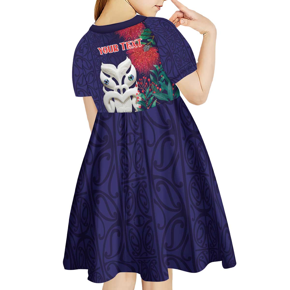 Maori Wheku Meri Kirihimete Personalised Kid Short Sleeve Dress All Blue Indigenous Maori Motif LT9 - Polynesian Pride