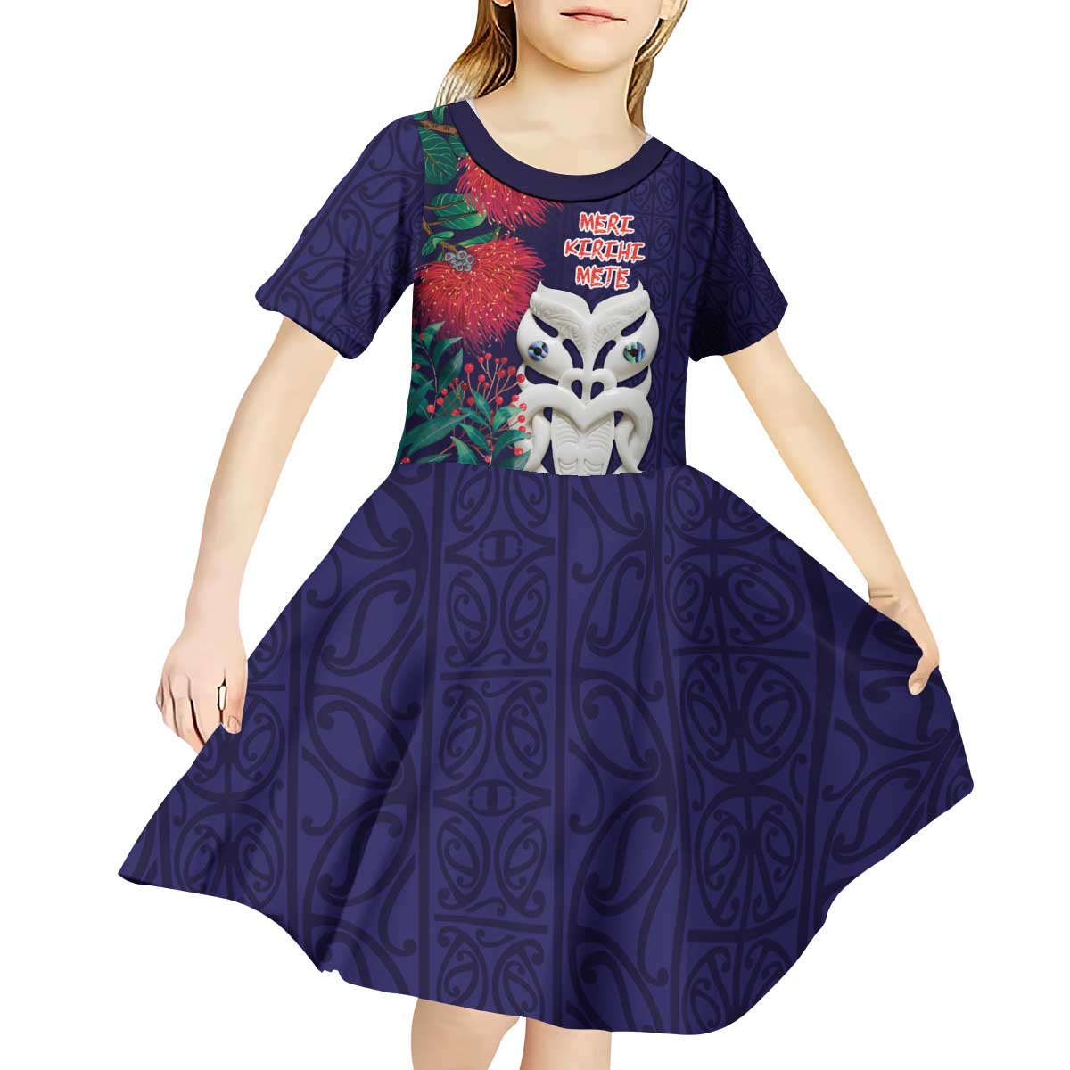 Maori Wheku Meri Kirihimete Personalised Kid Short Sleeve Dress All Blue Indigenous Maori Motif LT9 - Polynesian Pride