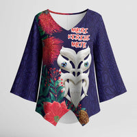 Maori Wheku Meri Kirihimete Personalised Kimono Sleeve Blouse All Blue Indigenous Maori Motif LT9 Female Blue - Polynesian Pride