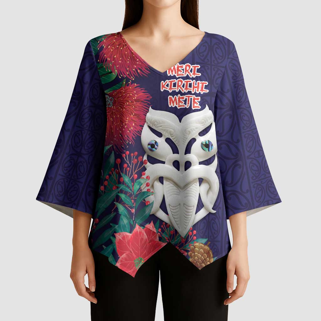 Maori Wheku Meri Kirihimete Personalised Kimono Sleeve Blouse All Blue Indigenous Maori Motif LT9 - Polynesian Pride