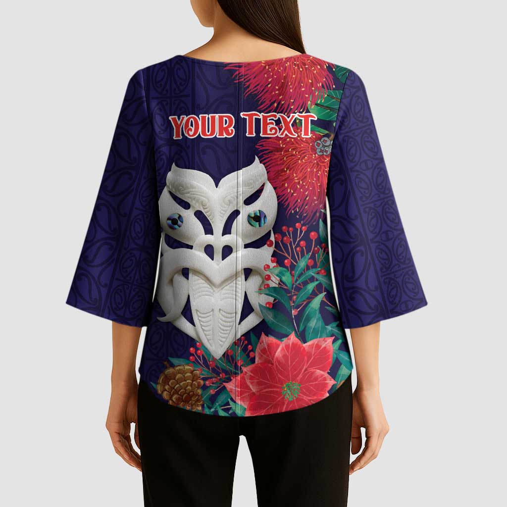 Maori Wheku Meri Kirihimete Personalised Kimono Sleeve Blouse All Blue Indigenous Maori Motif LT9 - Polynesian Pride