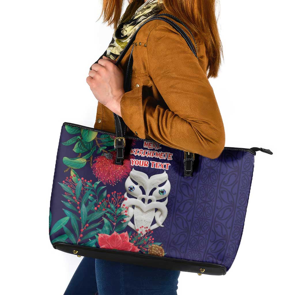 Maori Wheku Meri Kirihimete Personalised Leather Tote Bag All Blue Indigenous Maori Motif - Polynesian Pride