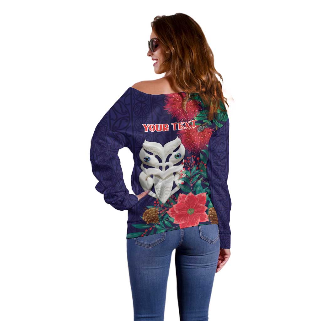 Maori Wheku Meri Kirihimete Personalised Off Shoulder Sweater All Blue Indigenous Maori Motif - Polynesian Pride