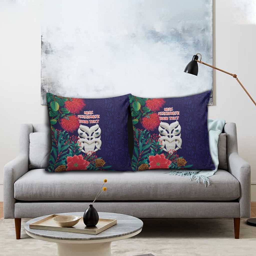 Maori Wheku Meri Kirihimete Personalised Pillow Cover All Blue Indigenous Maori Motif - Polynesian Pride