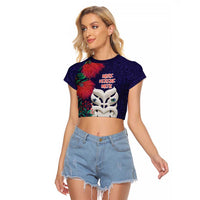 Maori Wheku Meri Kirihimete Personalised Raglan Cropped T Shirt All Blue Indigenous Maori Motif LT9 Female Blue - Polynesian Pride