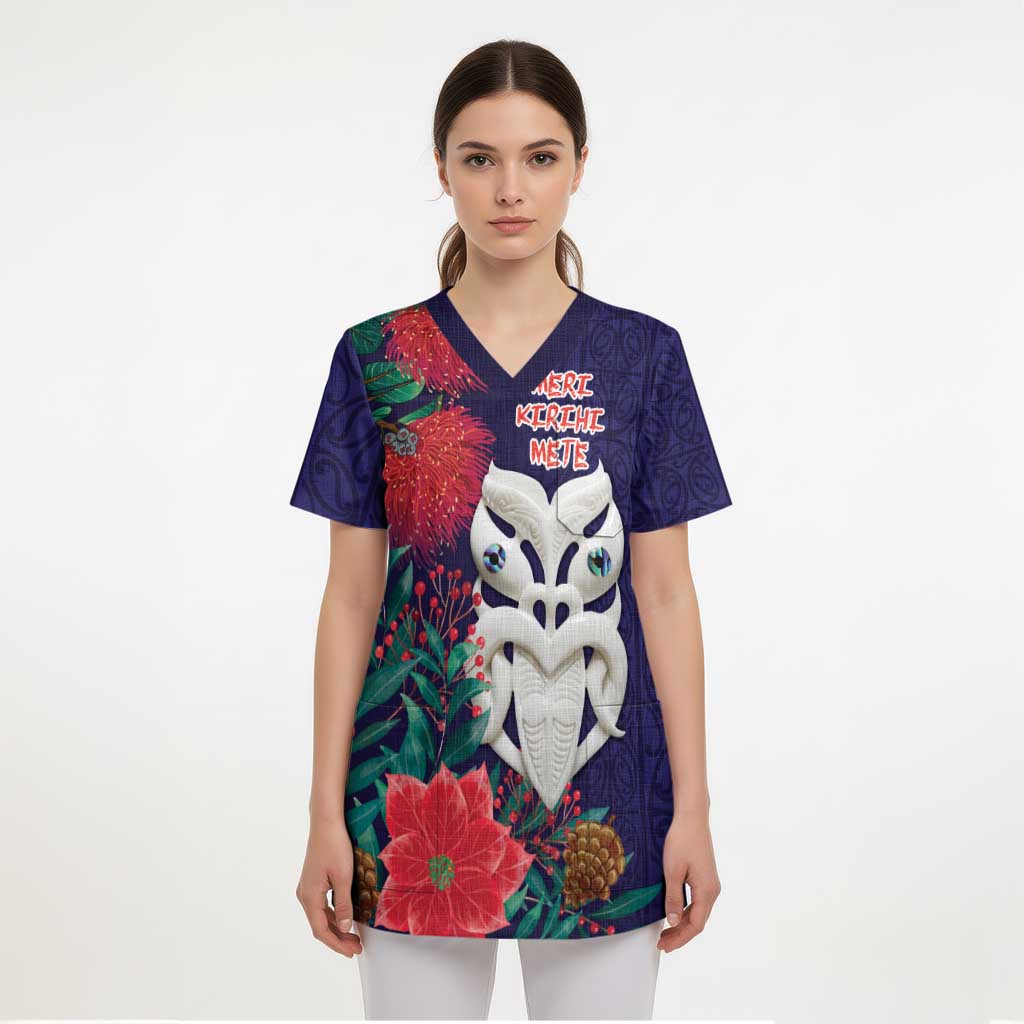 Maori Wheku Meri Kirihimete Personalised Scrub Top All Blue Indigenous Maori Motif - Polynesian Pride