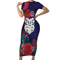 Maori Wheku Meri Kirihimete Personalised Short Sleeve Bodycon Dress All Blue Indigenous Maori Motif LT9 Long Dress Blue - Polynesian Pride