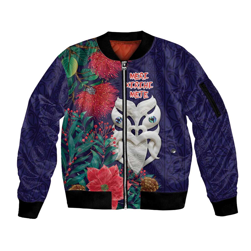 Maori Wheku Meri Kirihimete Personalised Sleeve Zip Bomber Jacket All Blue Indigenous Maori Motif LT9 Unisex Blue - Polynesian Pride