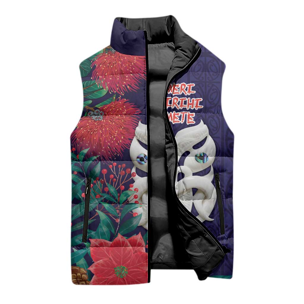 Maori Wheku Meri Kirihimete Personalised Sleeveless Puffer Jacket All Blue Indigenous Maori Motif LT9 - Polynesian Pride