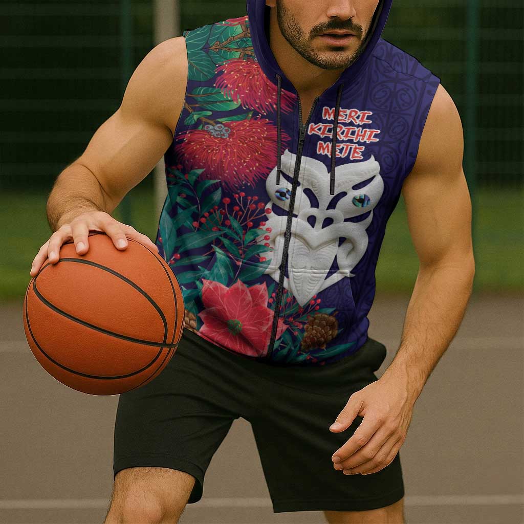 Maori Wheku Meri Kirihimete Personalised Sleeveless Zip Hoodie All Blue Indigenous Maori Motif LT9 - Polynesian Pride