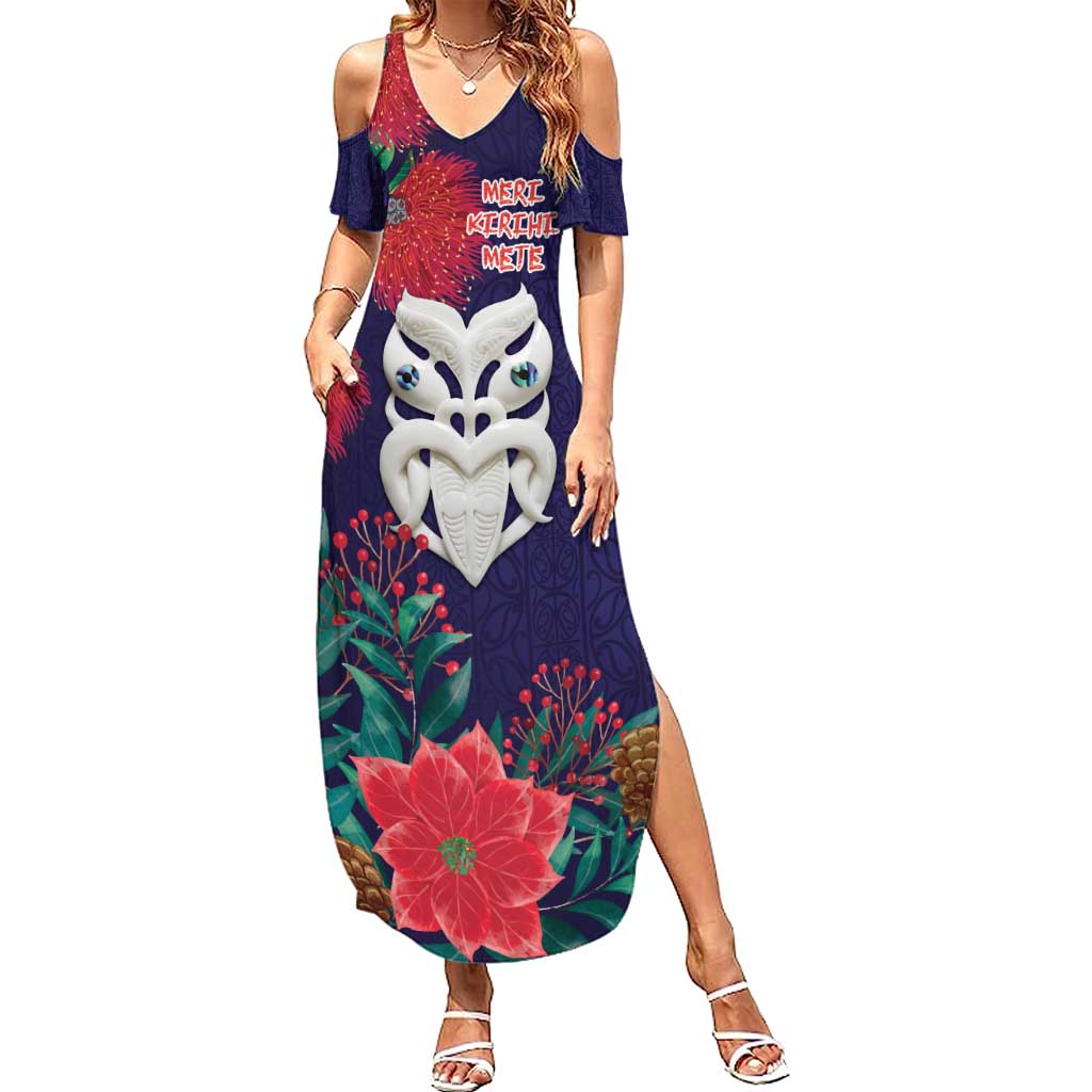Maori Wheku Meri Kirihimete Personalised Summer Maxi Dress All Blue Indigenous Maori Motif - Polynesian Pride
