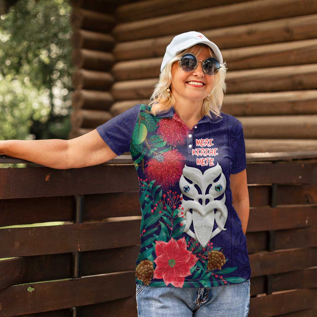 Maori Wheku Meri Kirihimete Personalised Women Polo Shirt All Blue Indigenous Maori Motif - Polynesian Pride