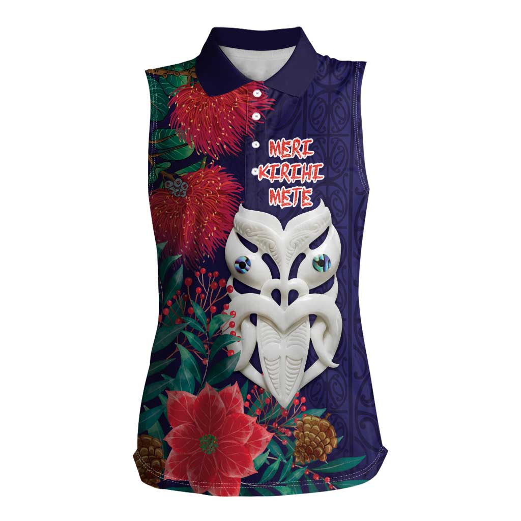Maori Wheku Meri Kirihimete Personalised Women Sleeveless Polo Shirt All Blue Indigenous Maori Motif LT9 Female Blue - Polynesian Pride